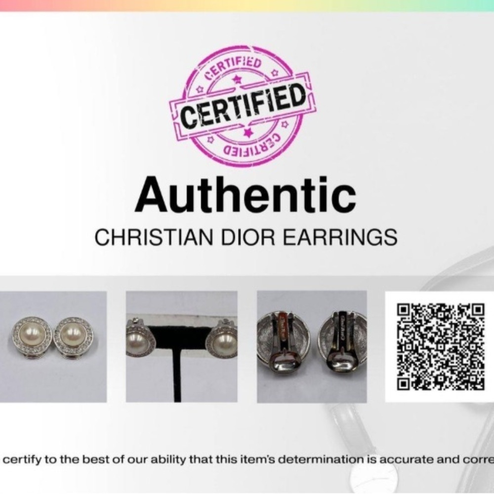 Christian Dior Silver Pearl Clip On Vintage Stud Earrings designer 20mm w COA - Picture 6 of 6